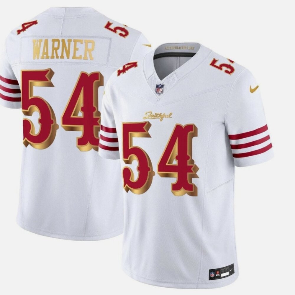MEN'S 49ers 2025 Fred Warner Jersey All Stitched White Gold